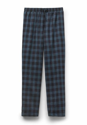 Zwartblauwe geruite lange broek met elastische tailleband en voorste trekkoord, rechte pijp, casual stijl.