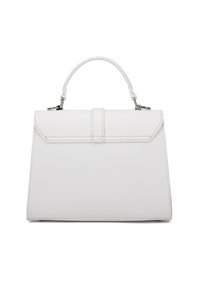 Sac à main blanc avec une conception structurée, fabriqué à partir de matériau texturé. Dispose d'une poignée supérieure et d'une fermeture à rabat à l'avant avec des accents cousus.