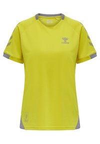 Ljusgul kortärmad sporttröja med grå detaljer på ärmarna och nederkant. Tillverkad av ett glatt, andningsbart material. Med logo på bröstet.