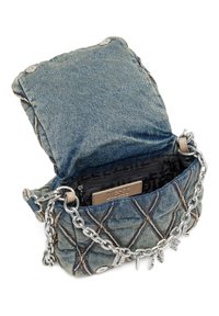 Denim crossbody bag with quilted design, silver chain strap, logo tag, and textured lining. Magnetic snap closure and decorative hardware accents.