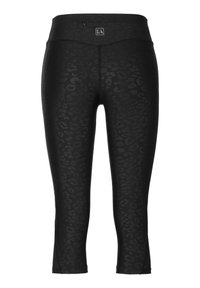 Leggings neri con un sottile motivo animalier, lunghezza croppata, vita elastica e dettaglio del logo sul davanti. Tessuto dalla texture liscia.