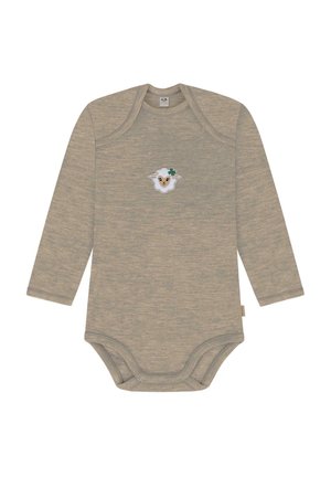 Long-sleeve beige baby bodysuit in soft fabric with an embroidered sheep design and clover accent. Snap closure at the bottom.