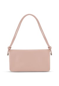 Prostokątna torebka kopertowa z miękkiej różowej skóry z węzłowym paskiem. Gładka tekstura i minimalistyczny design z zaokrąglonymi rogami.