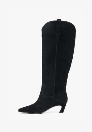 Černé semišové vysoké boty ke kolenům s špičatou špičkou a zakřiveným podpatkem. Mají vertikální prošití a dekorativní akcent na vrchní části.