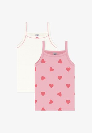 Du kelnės viršūnės be rankovių: viena vientisos baltos spalvos su kontrastingomis raudonomis siūlėmis, kita rausva su išmėtytais raudonais širdelių raštais.