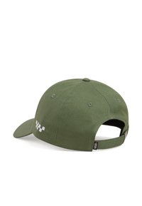 Grøn bomulds caps med en buet skygge, prydet med hvidternet mønster, justerbar strop bagpå og syede øjer.