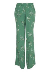 Gröna blommiga byxor med vida ben och resårmidja, med ett mönster av grenar och blommor i vitt och gult. Inkluderar två bakfickor.