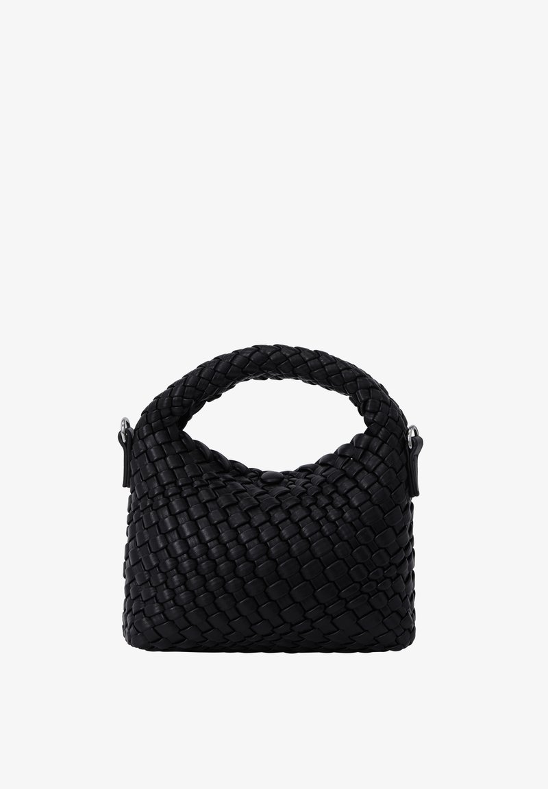 Fekete szőtt bőr kézitáska kerek, felső fogantyúval és kompakt, struktúrált formával. Diszkrét fém részletekkel és textúrált felülettel rendelkezik.
