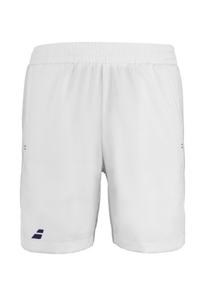 Hvide atletikshorts med elastisk talje og lille mørkt logo på venstre underben, vendt forfra.