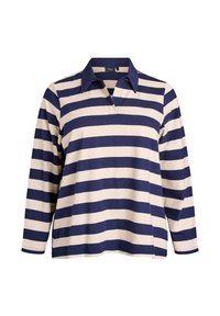 Polo majica z dolgimi rokavi v mornarsko modri in kremni črtasti vzorci, ki ima ovratnik in odprtino z gumbi. Mehka tkanina s sproščenim krojem.