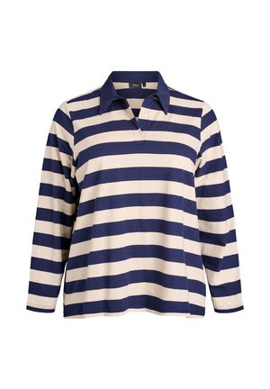 Tumesinise ja kreemivärvi triibuline pikkade varrukate polo särk, millel on krae ja nööpide avamine. Pehme kangas ja mugav lõige.