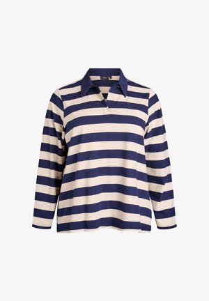 Polo a maniche lunghe a righe navy e crema con colletto e apertura a placket. Tessuto morbido con una vestibilità comoda.