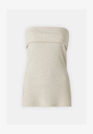 Beige geribbelde strapless top met een zachte textuur. Kenmerkt zich door een omgeslagen ontwerp bij de halslijn en een getailleerd silhouet met zijsplitten.