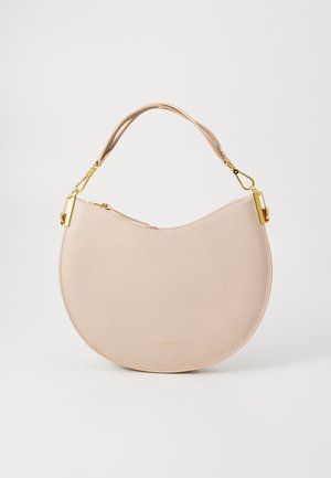 Half-moon-shaped handbag in soft pink leather, featuring a gold zipper and hardware, with a single strap. Smooth texture with minimal branding.