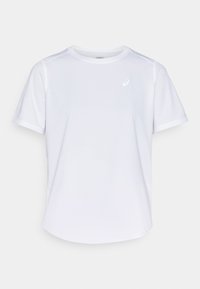 Biała sportowa koszulka z krótkim rękawem wykonana z oddychającego materiału, z okrągłym dekoltem i małym logo po lewej stronie na górze.