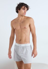 Calvin Klein vyriški apatiniai šviesiai pilkos spalvos su plonomis vertikaliomis juostelėmis, elastingas juosmuo su logotipu, laisvas sijonas, medvilnės medžiaga.