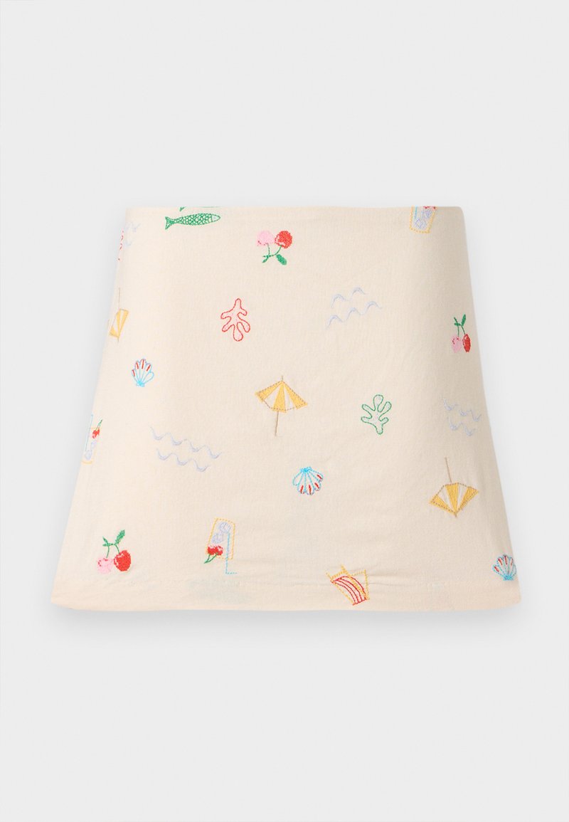 Embroidered cotton top with a cream background, featuring colorful beach-themed patterns like umbrellas, waves, fish, and cherries.