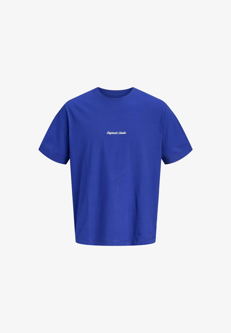 T-shirt en coton bleu avec une coupe décontractée, des manches courtes et un col rond. Présente un texte brodé blanc à l'avant.
