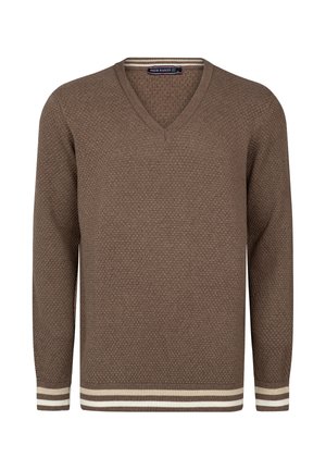 Brązowy sweter w serek o fakturze, z długimi rękawami oraz białymi paskowanymi mankietami i dołem, wykonany przez Felixa Hardy’ego.