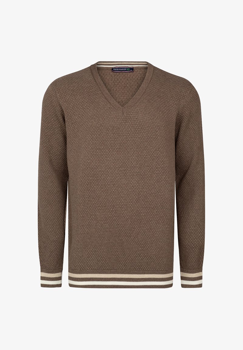 Pull marron texturé col en V avec manches longues et poignets et ourlet à rayures blanches, fabriqué par Felix Hardy.