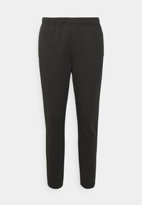 Svarta träningsbyxor i en slät tygkvalitet, med resårmidja, avsmalnande ben och utan synliga fickor eller mönster.