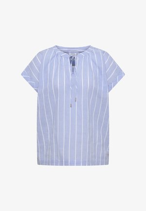 Blouse à manches courtes rayée verticalement bleu clair et blanc avec encolure ronde et détail noué devant.