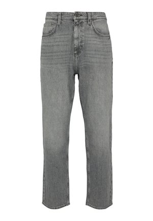 Grijze denim jeans met een recht gesneden ontwerp, voorzien van een knoopsluiting aan de voorkant, riemlussen en twee zijzakken met een gestructureerde afwerking.