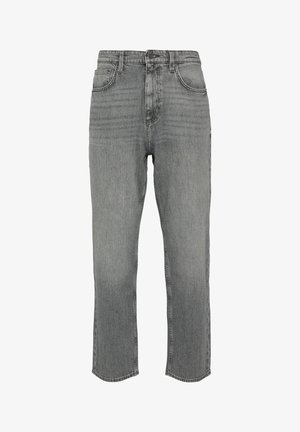 Grijze denim jeans met een recht gesneden ontwerp, voorzien van een knoopsluiting aan de voorkant, riemlussen en twee zijzakken met een gestructureerde afwerking.