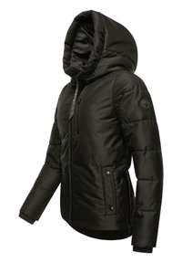 Black padded jacket with a hood, featuring a zip front, two side pockets, and ribbed cuffs. Smooth texture with a matte finish.