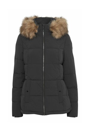 Jachetă pufoasă neagră cu glugă detașabilă căptușită cu blană bej, închidere cu fermoar, design matlasat și buzunare laterale cu butoane prin apăsare.