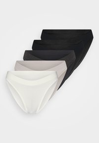 Five pairs of women's underwear: white, light gray, dark gray, and two black in varying shades. Each features a smooth, elastic waistband.