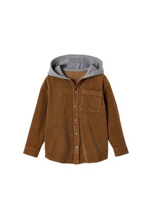Brown corduroy button-up shirt with long sleeves and chest pocket, featuring an attached gray fabric hood.