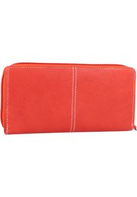 Rode leren portemonnee met een gladde textuur, voorzien van witte stiksels over het oppervlak en een ritssluiting langs de bovenrand.