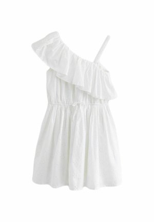 Biała lekka sukienka bez rękawów z jednym falbankowym paskiem na jedno ramię i delikatną haftowaną, kwiatową ażurową ozdobą.