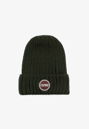 Tume roheline kudum müts, millel on soonikstruktuur ja volditud serv. Mütsil on ringikujuline logopatch, kus on kirjas "COLMAR" burgundi ja valge värviga.