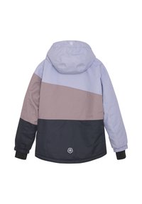 Color-blocked jacket featuring a lavender, taupe, and navy design. Made of a smooth fabric, it has a hood and elastic cuffs.