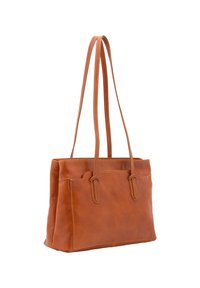Bruine leren tote bag met twee lange handvatten, rechthoekige vorm, gladde textuur, zichtbare stiksels en zijvakjes.