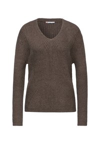 Brauner, gerippter Pullover mit V-Ausschnitt und langen Ärmeln. Besitzt diagonale Muster und eine strukturierte Oberfläche. Schlichtes, funktionales Design.