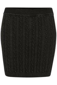Black knitted skirt featuring a ribbed texture with cable pattern, elastic waistband, and a fitted silhouette.