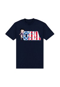 Marineblaue Baumwoll-T-Shirt mit einem Cartoon-Charakter in einem rot, weiß und blau gestalteten Design mit "USA" in großen Buchstaben.