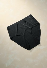 Black high-waisted underwear with a subtle textured pattern. Features side button closures and smooth fabric with a matte finish.