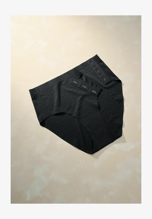 Schwarze Unterwäsche mit hoher Taille und subtiler Texturierung. Verfügt über seitliche Knopfverschlüsse und einen glatten Stoff mit matter Oberfläche.