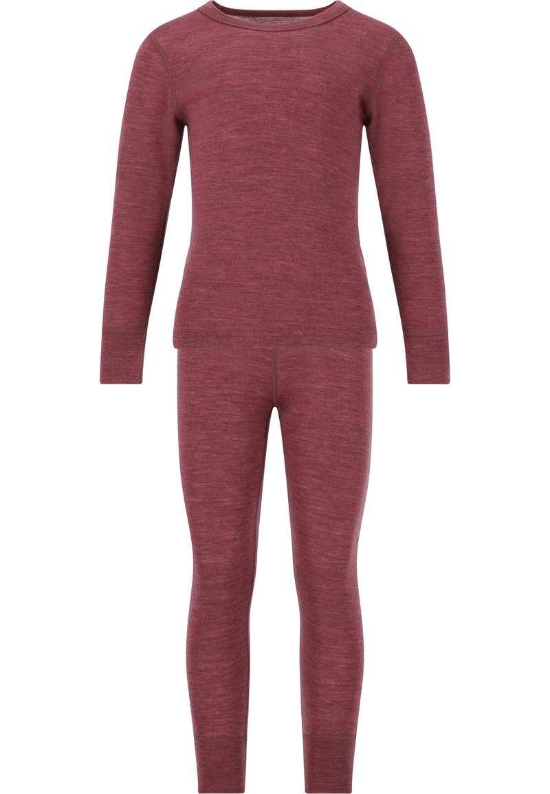 Bordeaux thermokleding set, inclusief een longsleeve top en een aansluitende legging. Zachte, gestructureerde wolmix, met een ronde hals en een elastische tailleband.