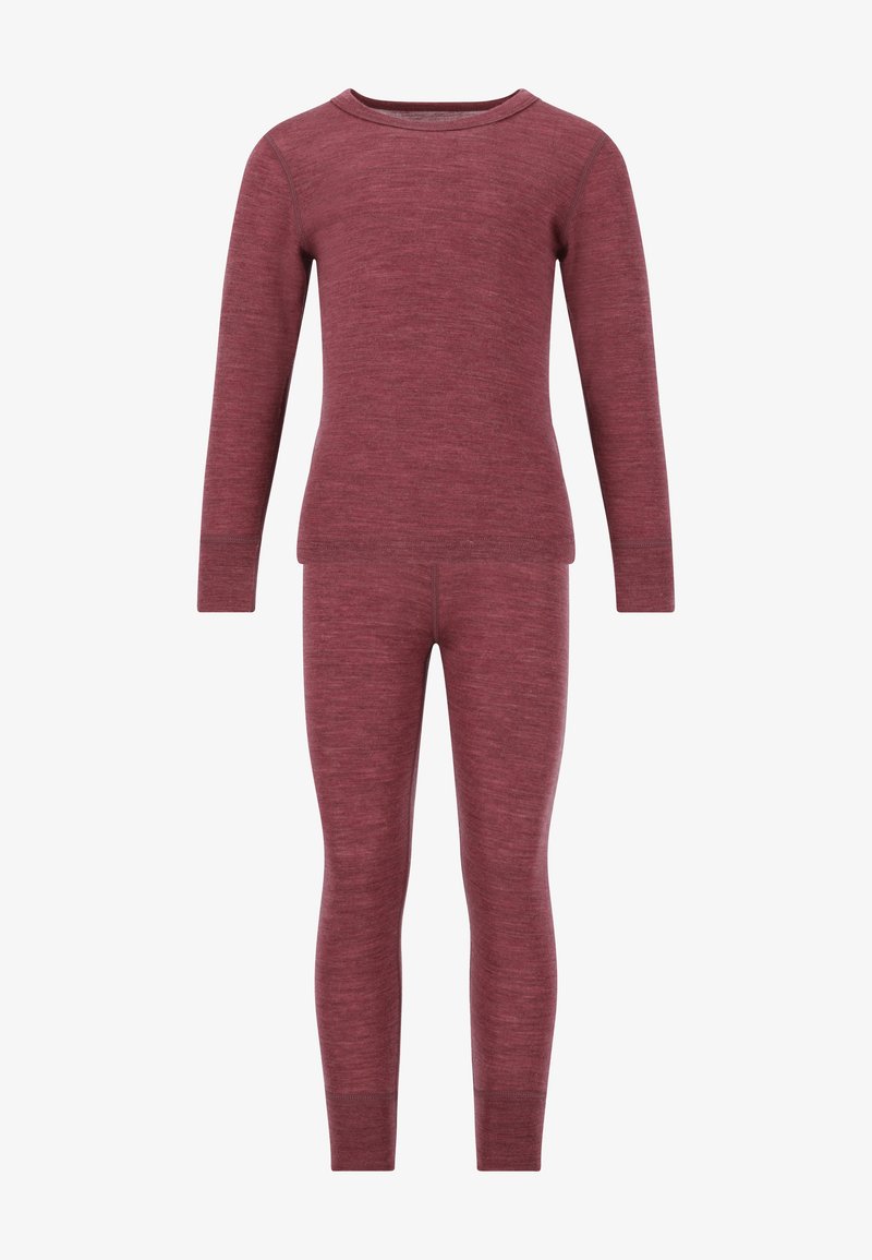 Bordeaux termisk sæt, som inkluderer langærmet top og tætsiddende leggings. Blødt, tekstureret uldblandingsmateriale med rund hals og elastisk talje.