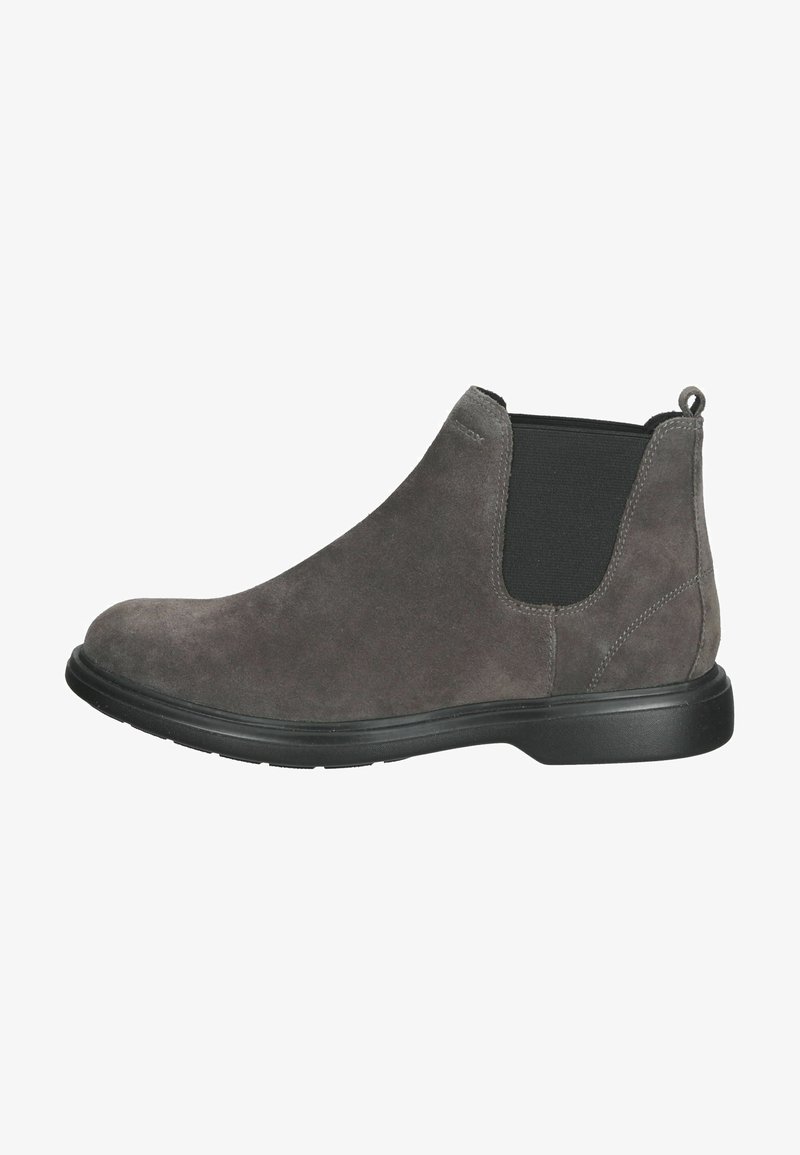 Grå ruskind ankelstøvler har et slankt design, elastiske sidepaneler og en rund tå med en tekstureret gummisål. Minimalistisk stil accent.