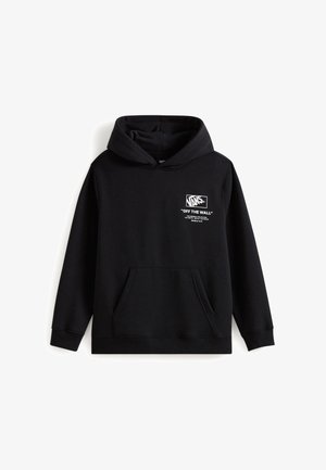 Schwarzer Kapuzenpullover aus Baumwolle mit einer großen Fronttasche. Mit einem weißen Drucklogo "Vans" und dem Text "OFF THE WALL" im Brustbereich.
