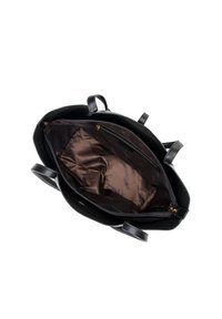 Borsa a tote nera con manici in pelle, dotata di un ampio interno in raso marrone. Include una tasca con zip e foderato in tessuto con logo in rilievo.