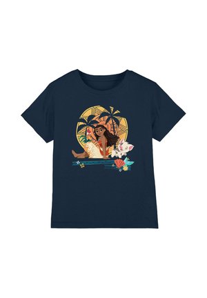 Navyblaue Baumwoll-T-Shirt mit einem illustrierten Design eines Mädchens und einer Katze, umgeben von tropischen Elementen und geometrischen Mustern.