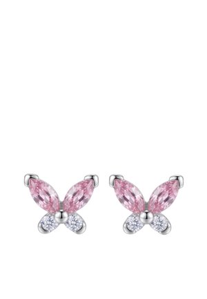 Paar silberne schmetterlingsförmige Ohrringe mit pinkfarbenen Marquise- und klaren runden Edelsteinen auf weißem Hintergrund.