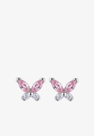 Pair of silver butterfly-shaped earrings with pink marquise and clear round gemstones on white background.